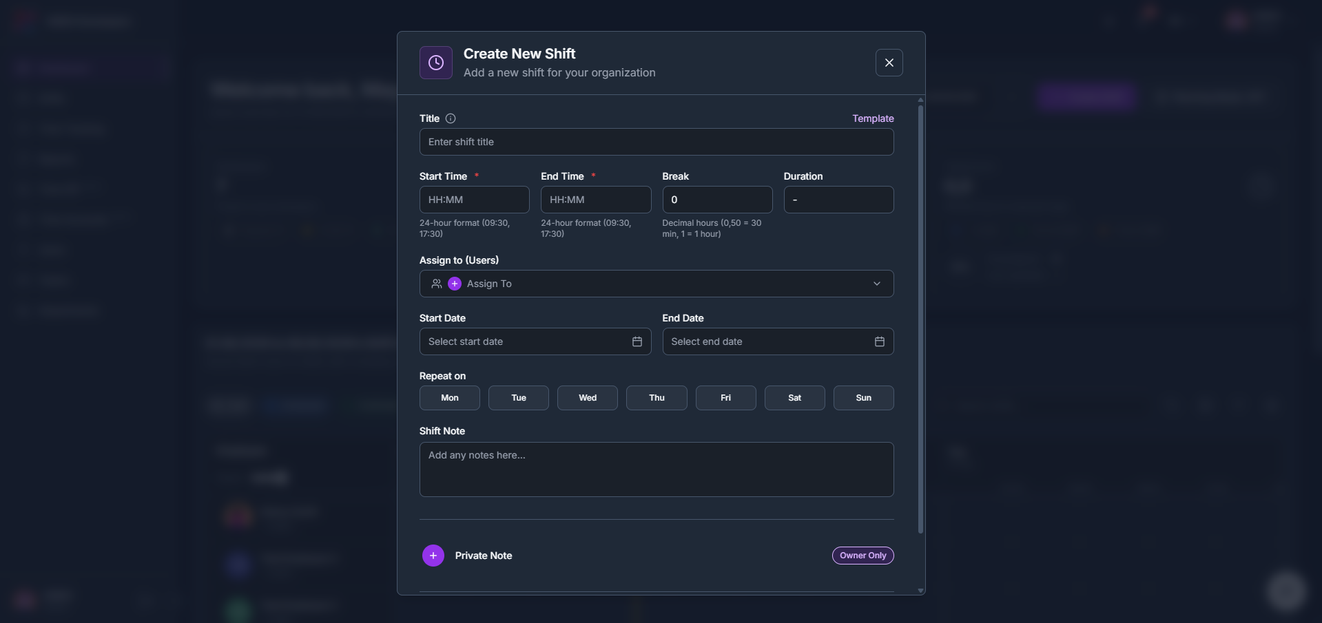 How to create a new shift