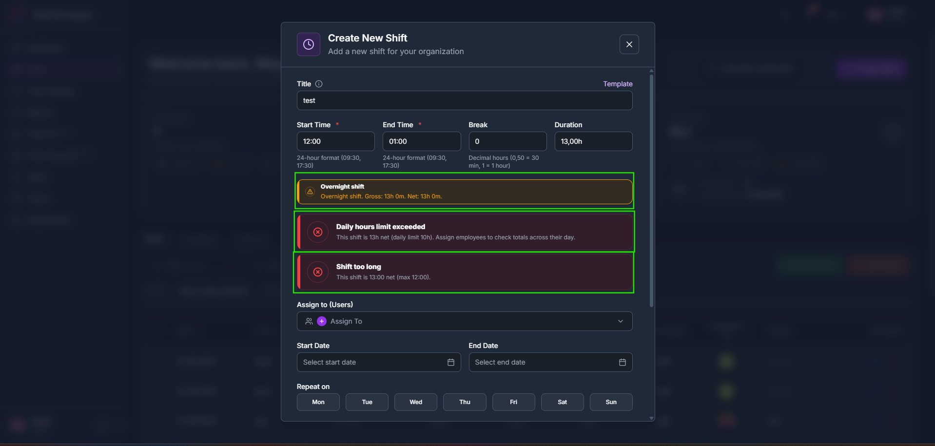 Shift validation warnings