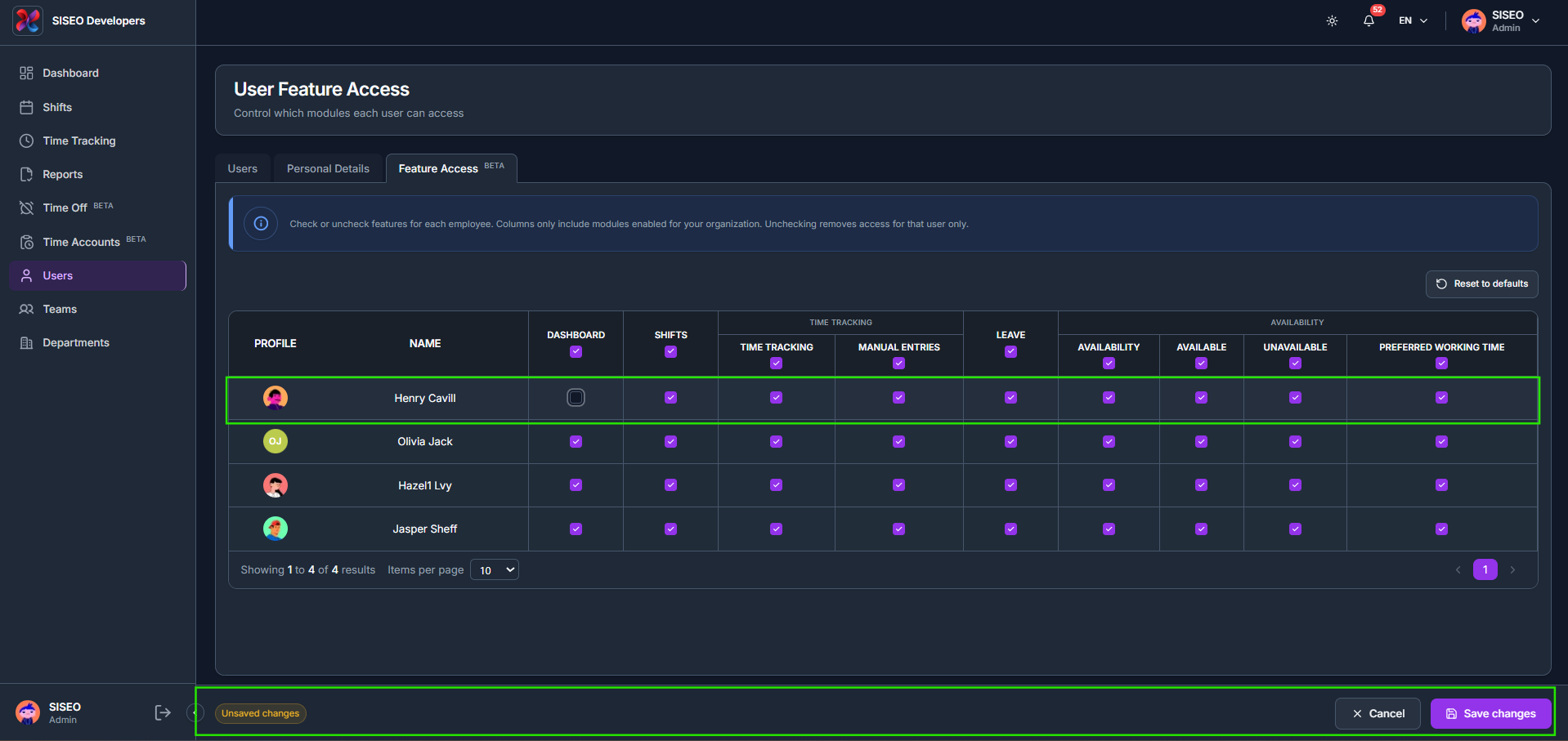 How to change and save feature access