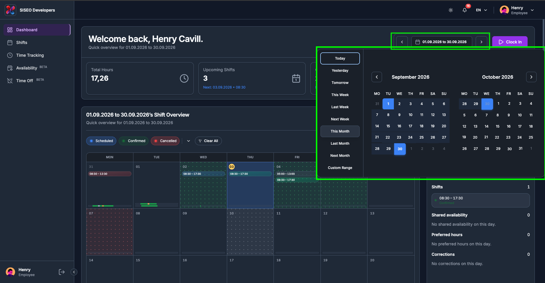 Date picker open, showing the preset list and the two-month calendar