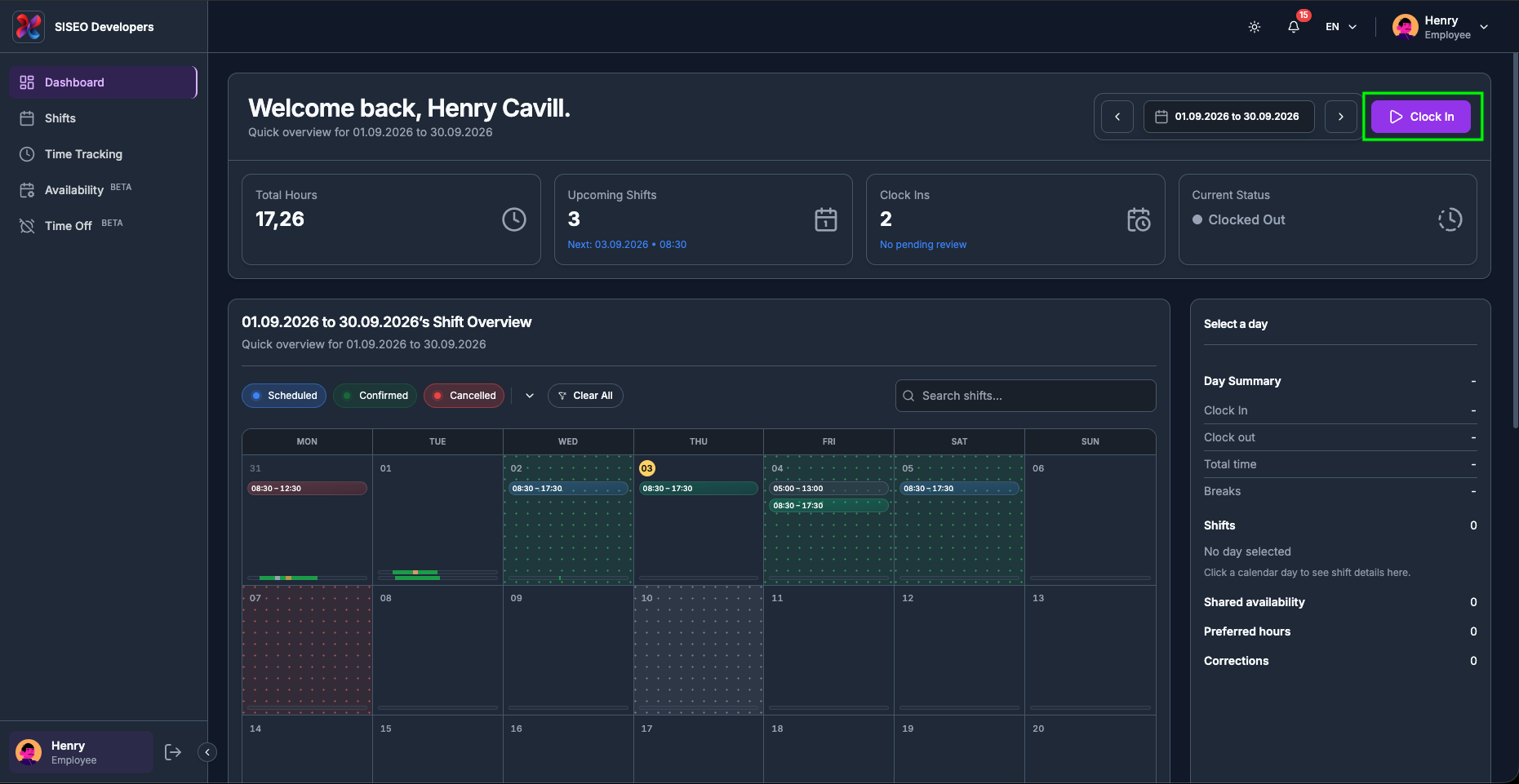 Header before clocking in, with the Clock In button marked