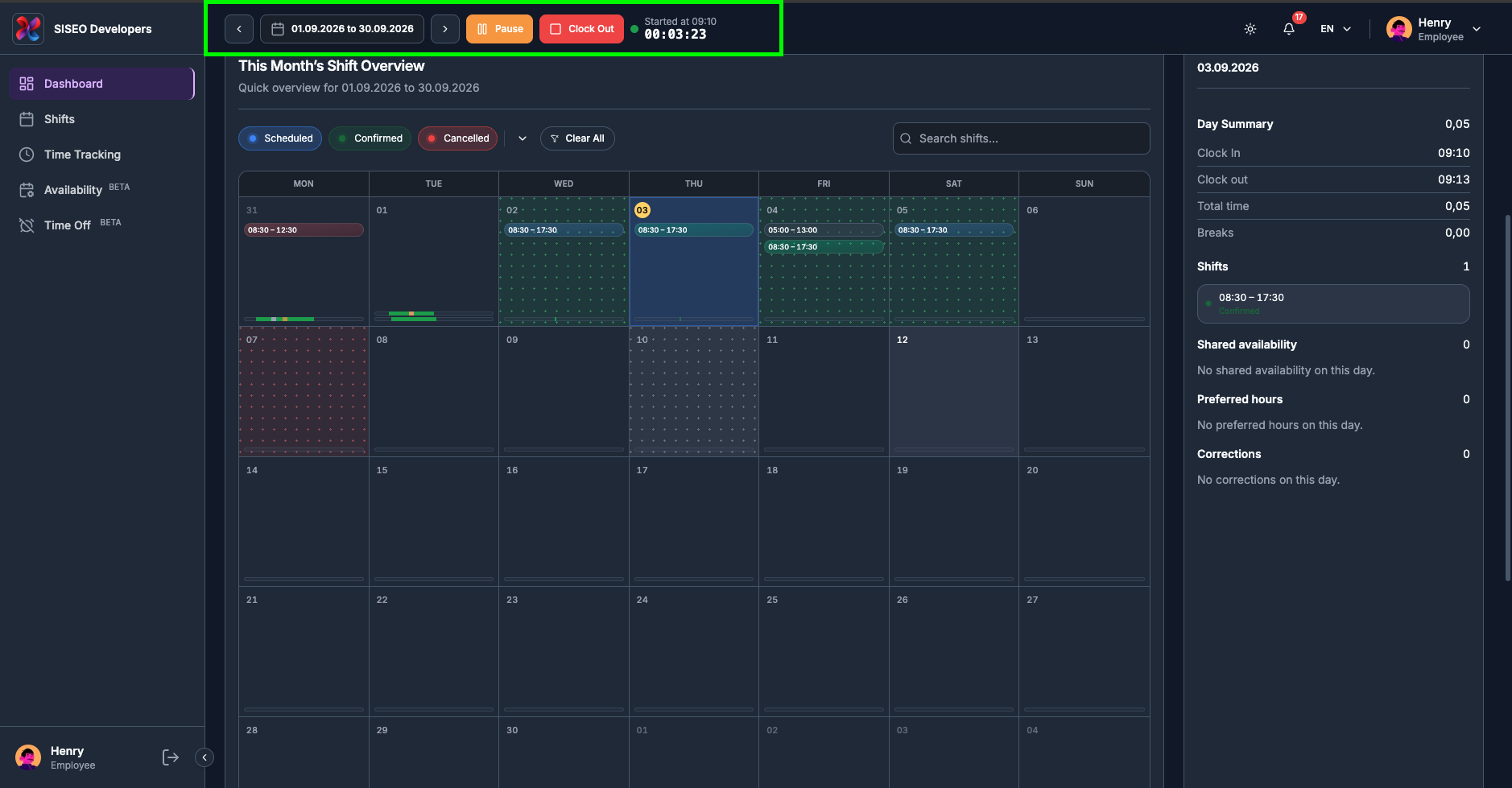 The purple session ribbon with status dot, session name, start time, live timer and buttons