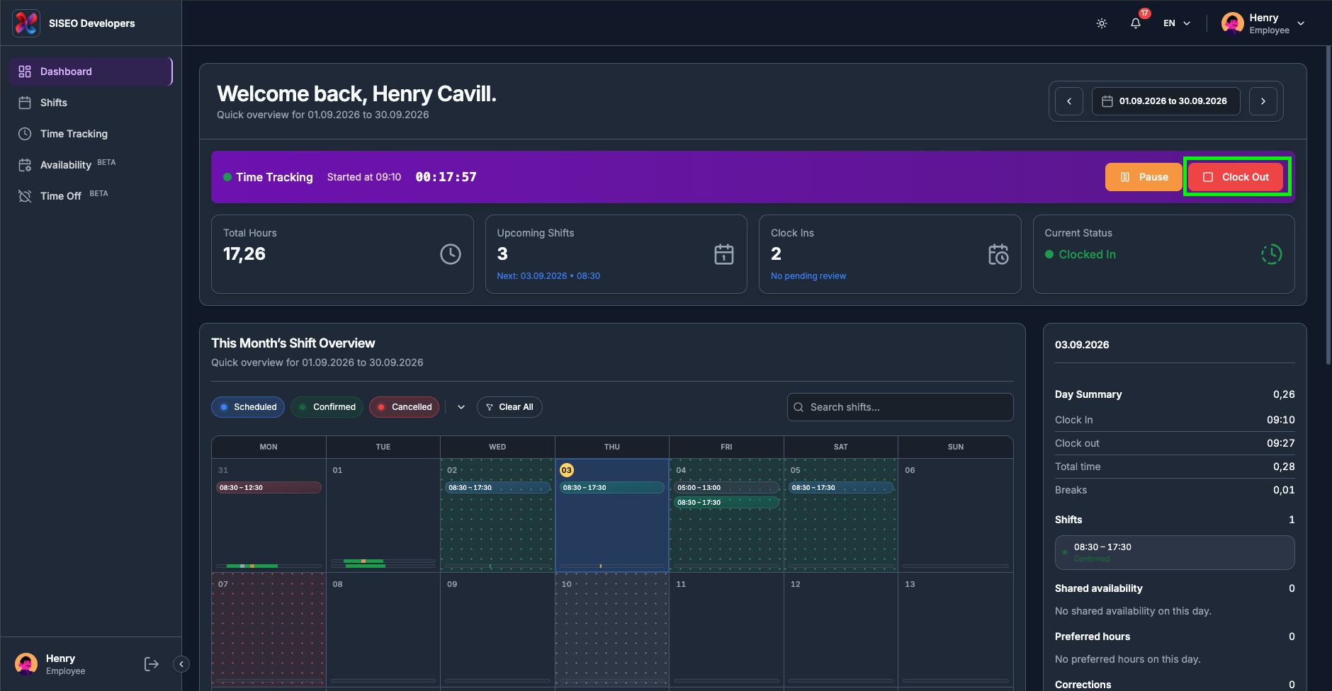 Dashboard header showing Clocked Out status and the Clock In button after ending a session