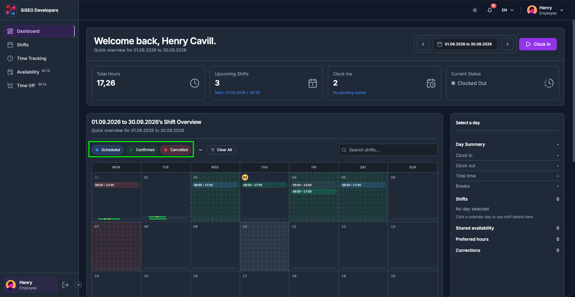 The Scheduled, Confirmed and Cancelled status chips above the calendar