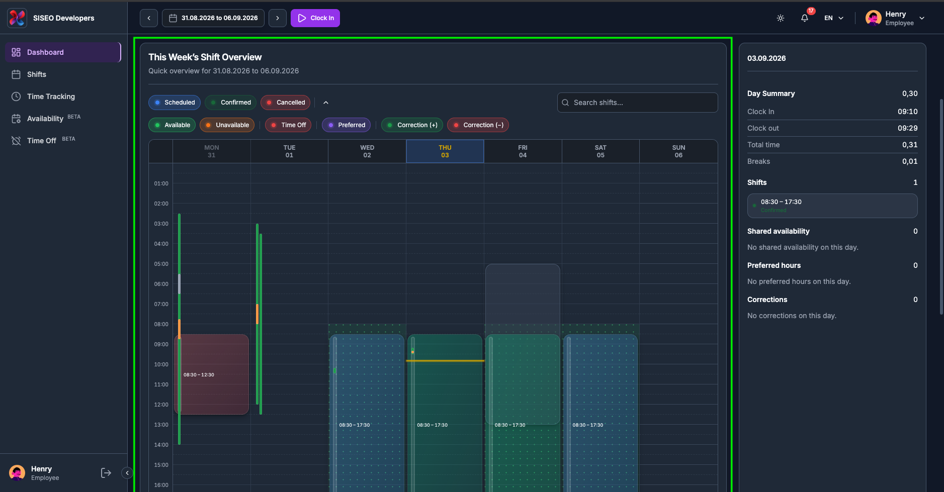 The calendar in Week view with hourly rows