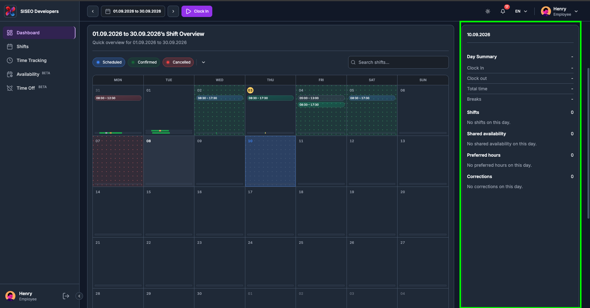 Day Summary panel before a day is selected, reading Select a day