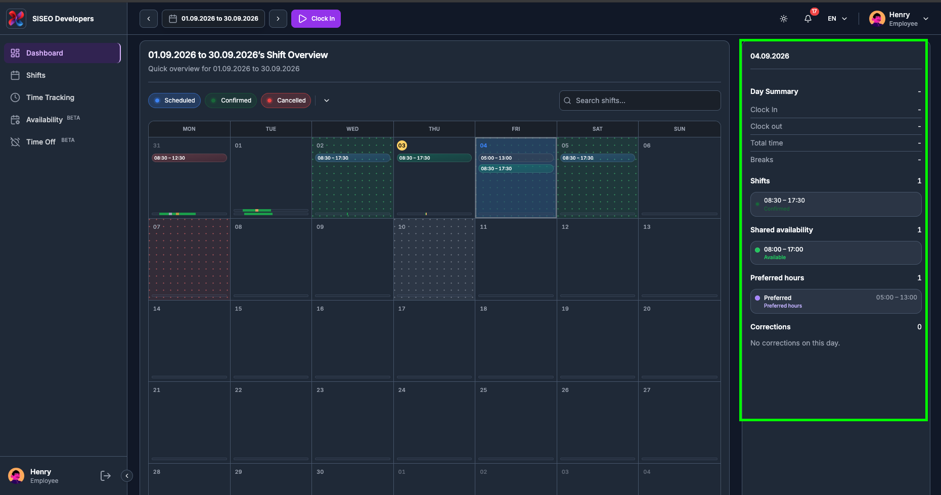 Day Summary panel filled in for a selected day