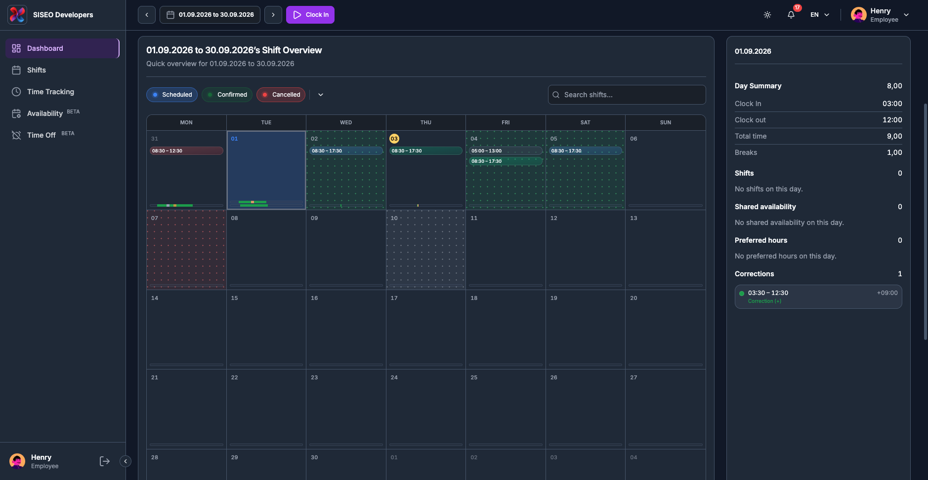 Day Summary block showing net time, Clock In, Clock out, Total time and Breaks