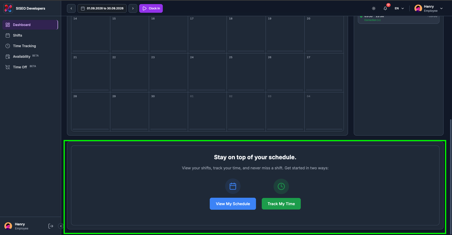 Quick Actions card with the View My Schedule and Track My Time buttons