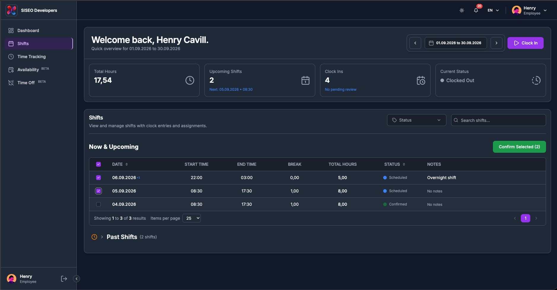 Selecting shifts to confirm.