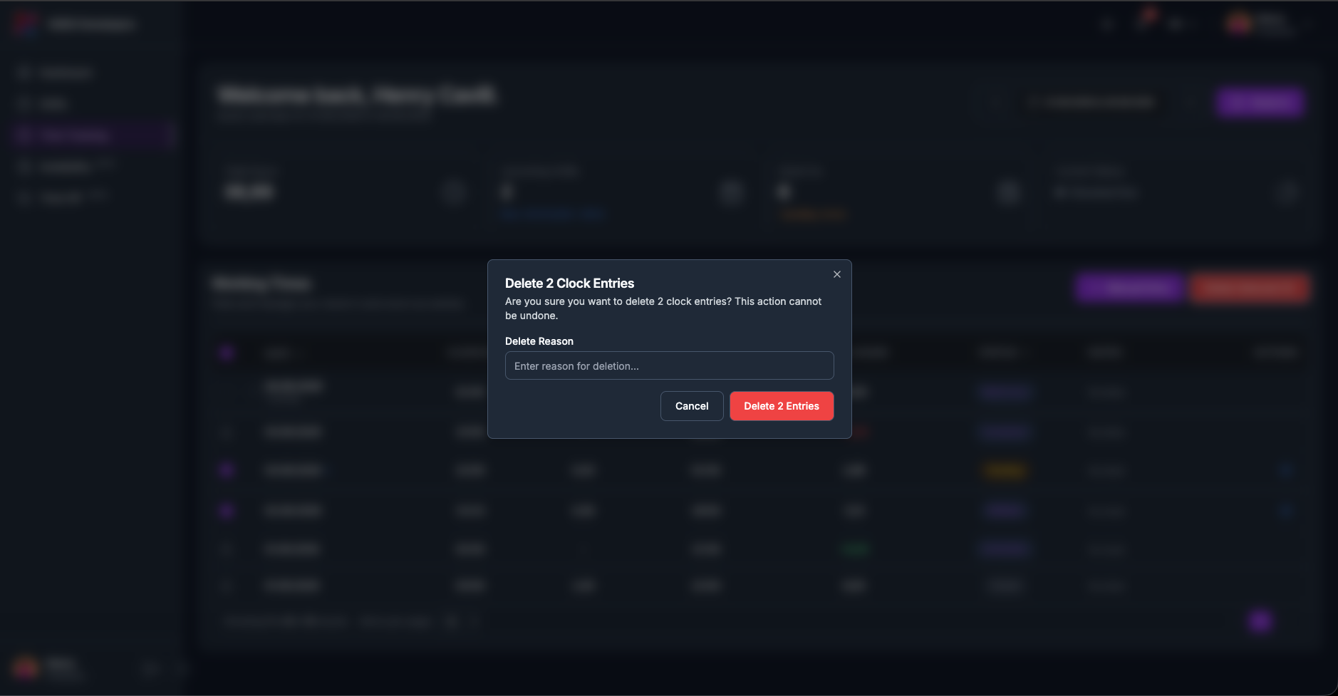 The delete dialog, with its reason field