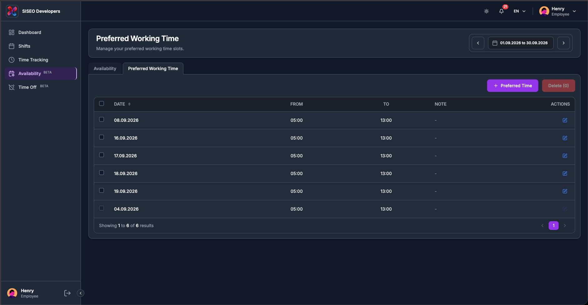 The Preferred Working Time table